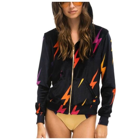 Aviator Nation Lightning Bolt Velvet Velour Zip-Up Hoodie Size Small - Picture 6 of 6